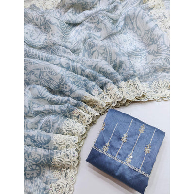 Bluish Grey Floral Printed Jimmy Choo Tissue Saree With Sequins Embroidered Border