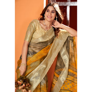 Brown & Mustard Printed Organza Saree With Woven Border