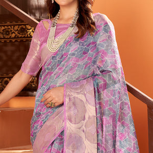 Light Purple Printed Organza Saree With Woven Border