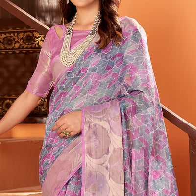 Light Purple Printed Organza Saree With Woven Border
