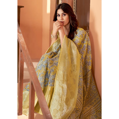 Light Mustard Printed Organza Saree With Woven Border