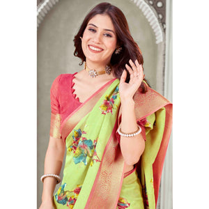 Lemon Green Floral Printed Cotton Blend Saree With Jacquard Border
