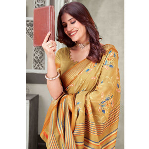 Chikoo Floral Printed Cotton Blend Saree With Jacquard Border