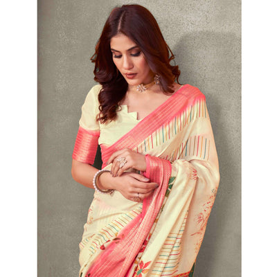 Cream Floral Printed Cotton Blend Saree With Jacquard Border