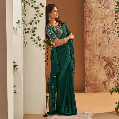 Dark Green Woven Georgette Saree With Tassels