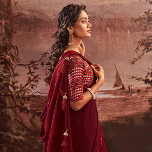 Dark Maroon Woven Georgette Saree With Tassels