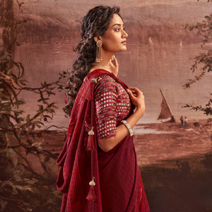 Maroon Woven Georgette Saree With Tassels