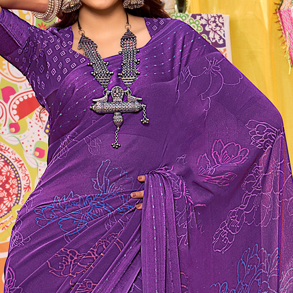 Lavender Floral Printed Georgette Saree With Woven Border