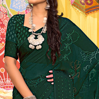 Bottle Green Floral Printed Georgette Saree With Woven Border