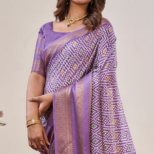 Lavender Ikkat Printed With Jacquard Border Cotton Silk Saree