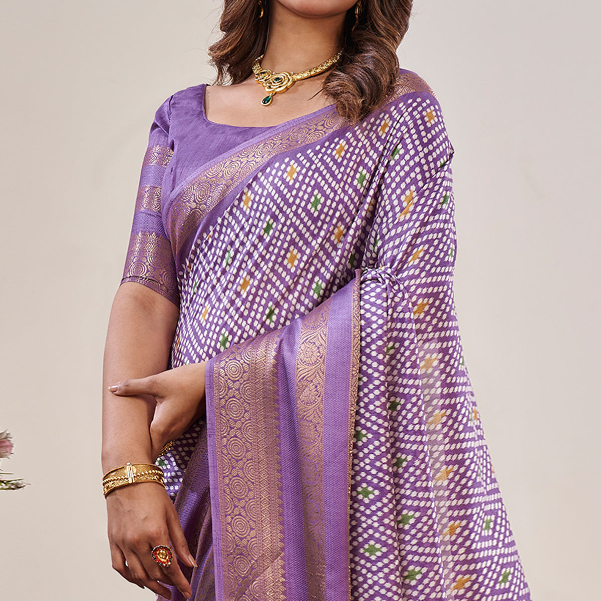 Lavender Ikkat Printed With Jacquard Border Cotton Silk Saree