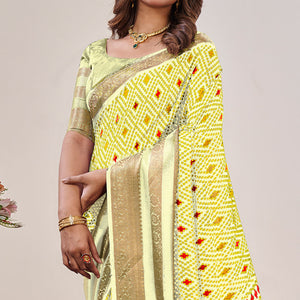 Lemon Yellow Ikkat Printed With Jacquard Border Cotton Silk Saree
