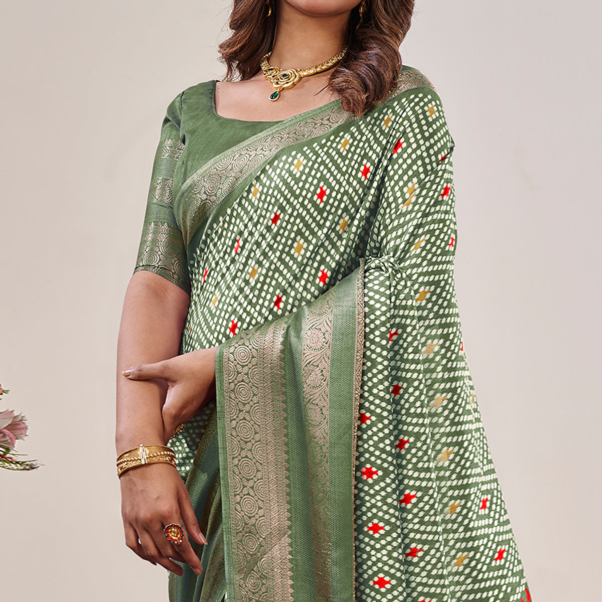 Dusty Green Ikkat Printed With Jacquard Border Cotton Silk Saree