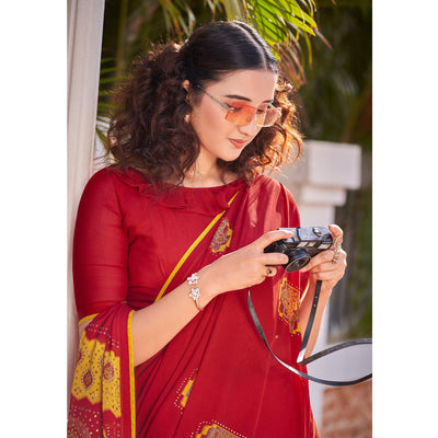 Maroon Foil Printed Georgette Saree With Tassels