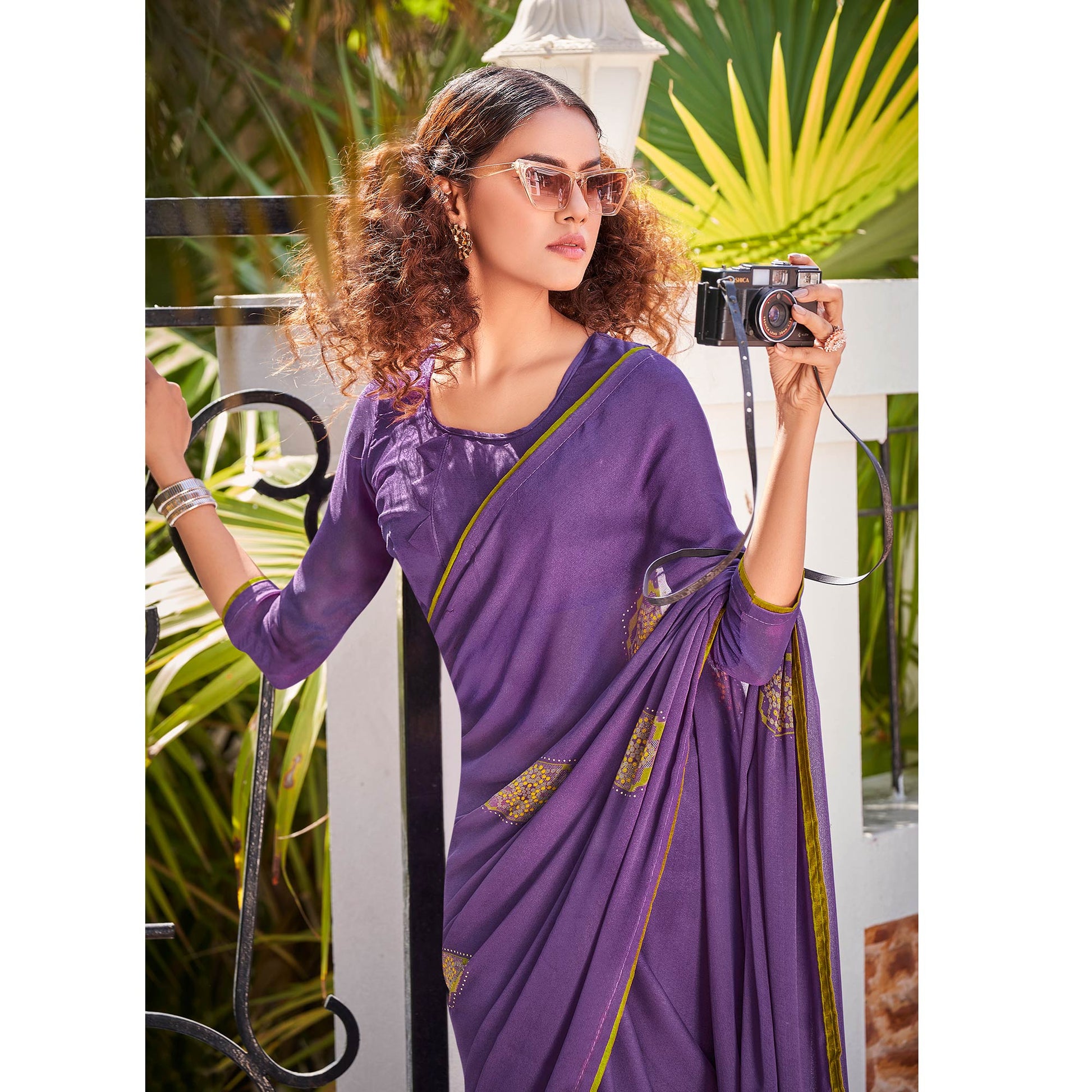 Lavender Foil Printed Georgette Saree With Tassels