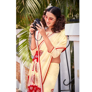 Cream Foil Printed Georgette Saree With Tassels