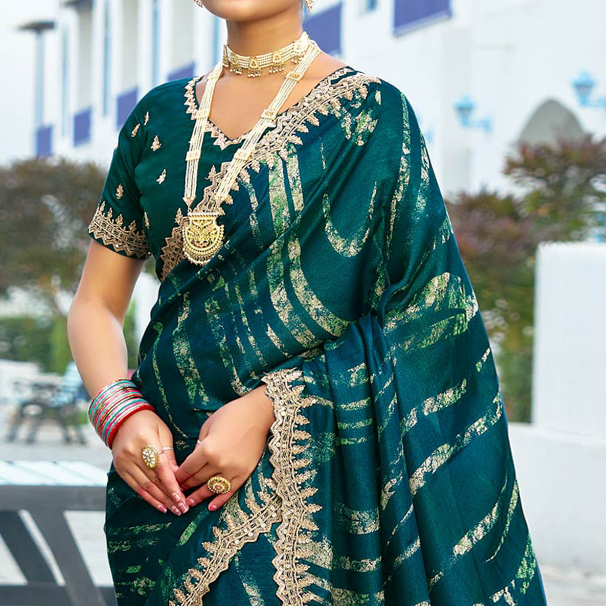 Morpich Green Printed Chiffon Saree With Sequins Border