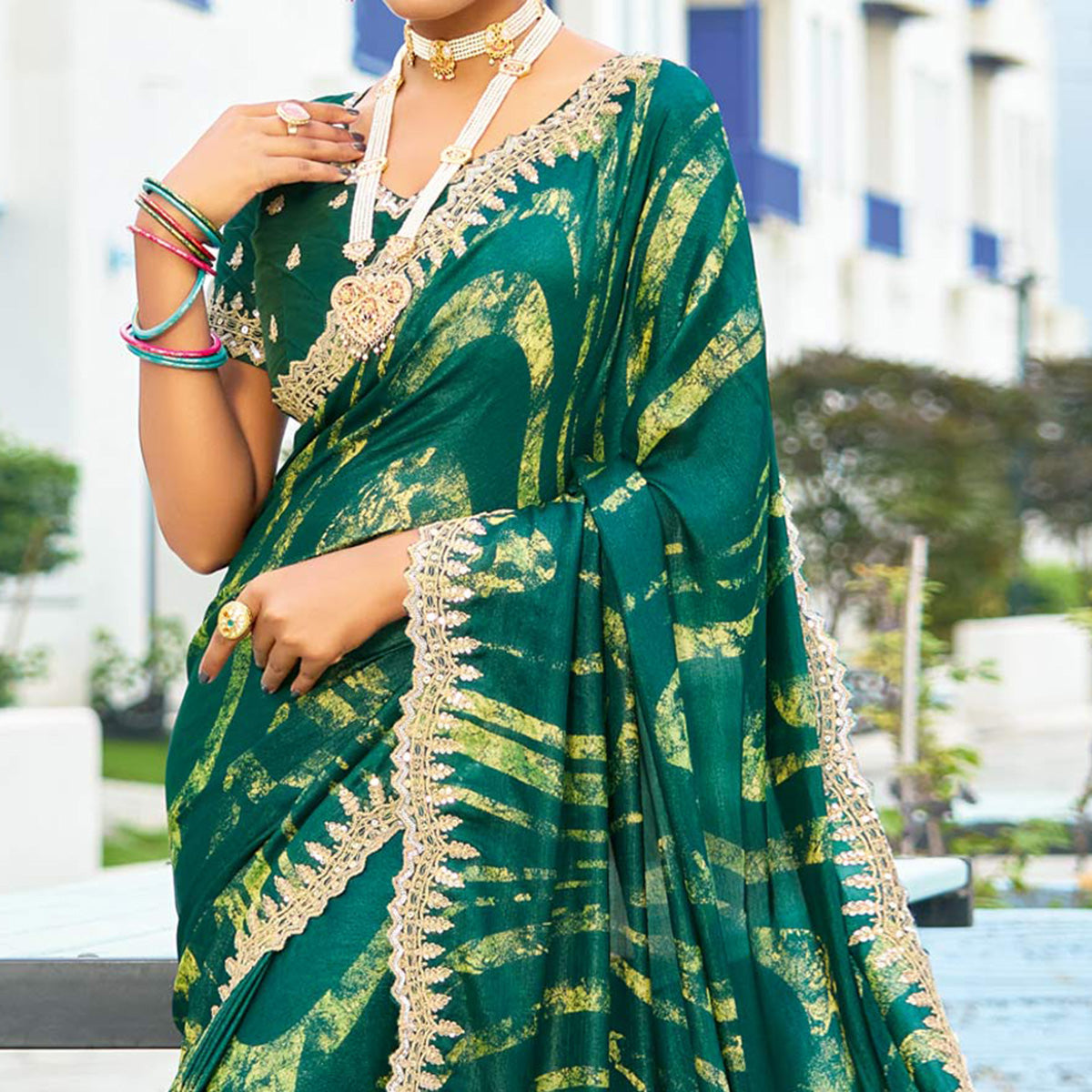 green-printed-chiffon-saree-with-sequins-border
