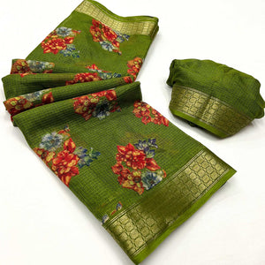 green-floral-printed-cotton-silk-saree