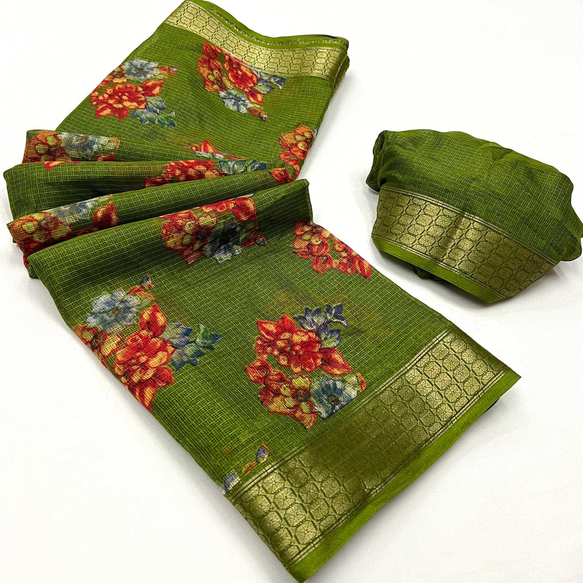 green-floral-printed-cotton-silk-saree