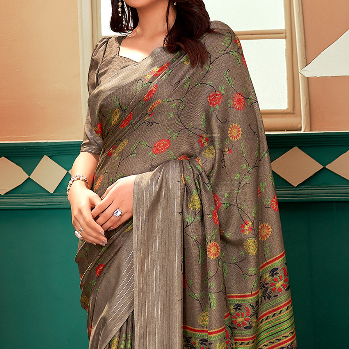 Brown Floral Printed Linen Saree
