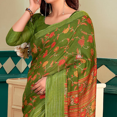 Mehandi Green Floral Printed Linen Saree