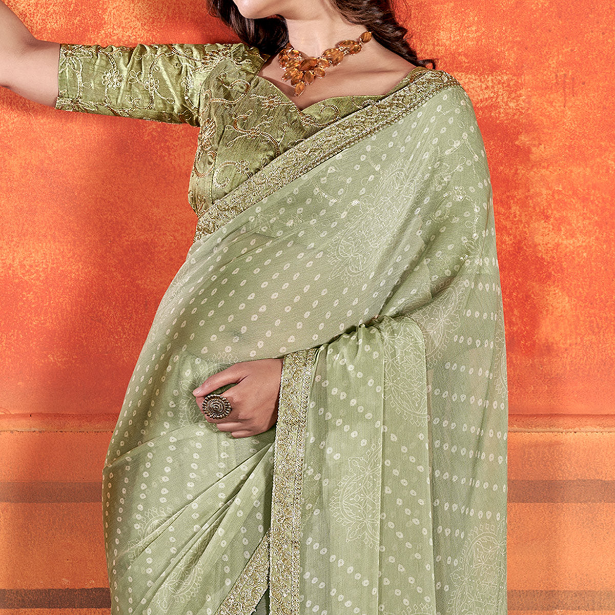 Mehandi Green Bandhani Printed Chiffon Saree With Embroidered Border