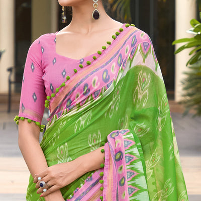 green-pink-printed-pure-cotton-saree-with-pum-pum-border