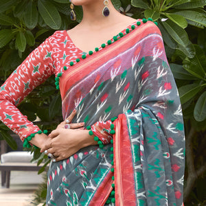 Grey Printed Pure Cotton Saree With Pum Pum Border