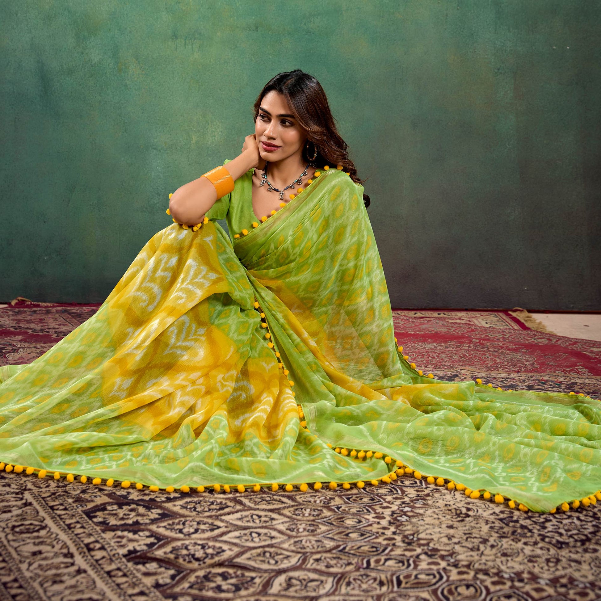 green-yellow-ikkat-printed-mul-mul-cotton-saree