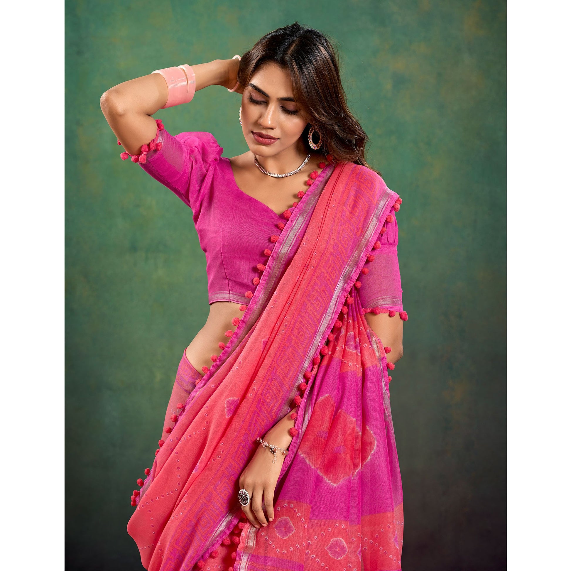 Gajri Pink Ikkat Printed Mul Mul Cotton Saree