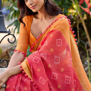 Gajri Pink Printed Cotton Blend Saree With Pumpum Lace