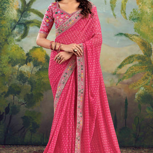 Gajri Pink Bandhani Printed Georgette Saree With Embroidered Border