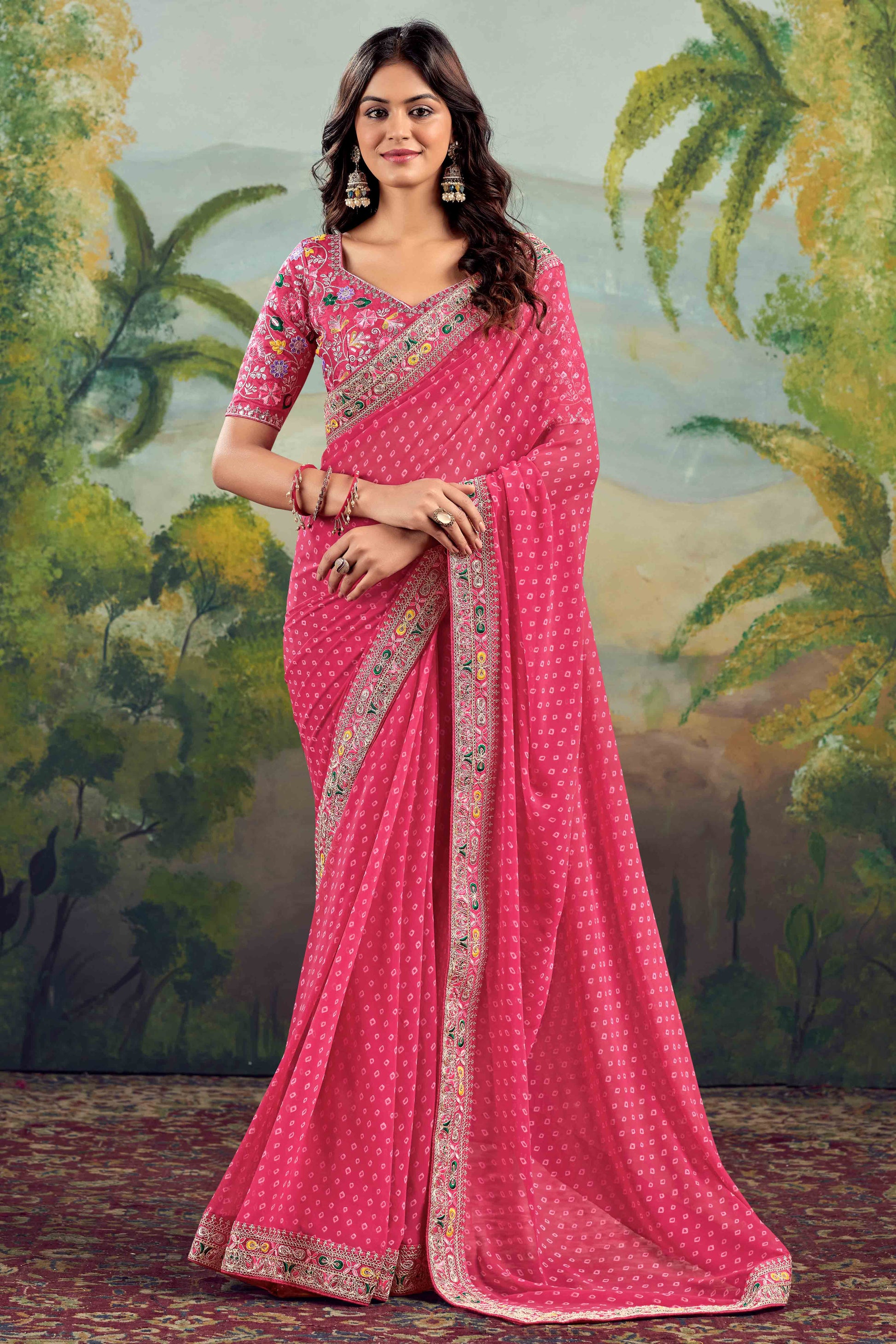 Gajri Pink Bandhani Printed Georgette Saree With Embroidered Border
