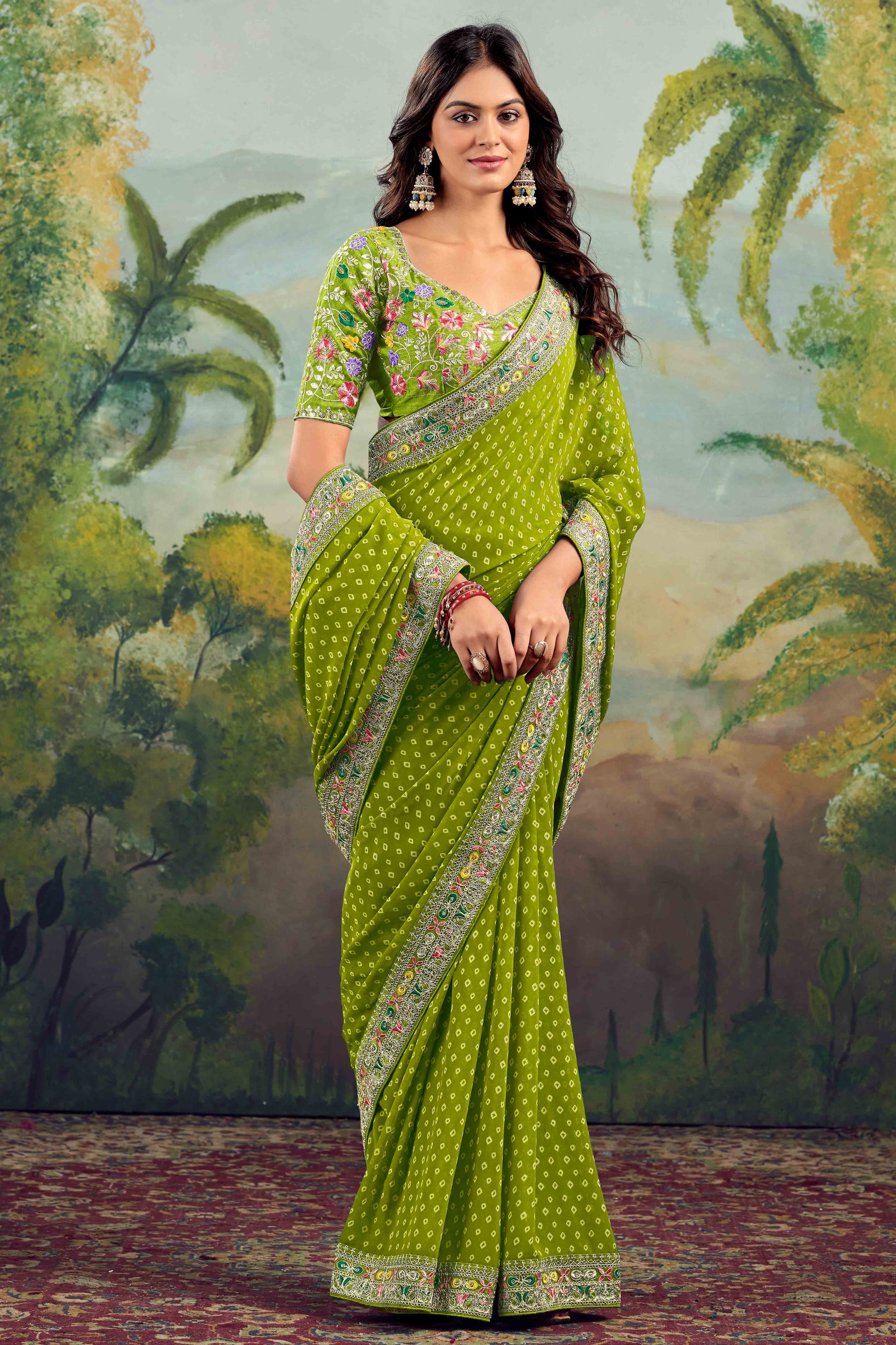 green-bandhani-printed-georgette-saree-with-embroidered-border