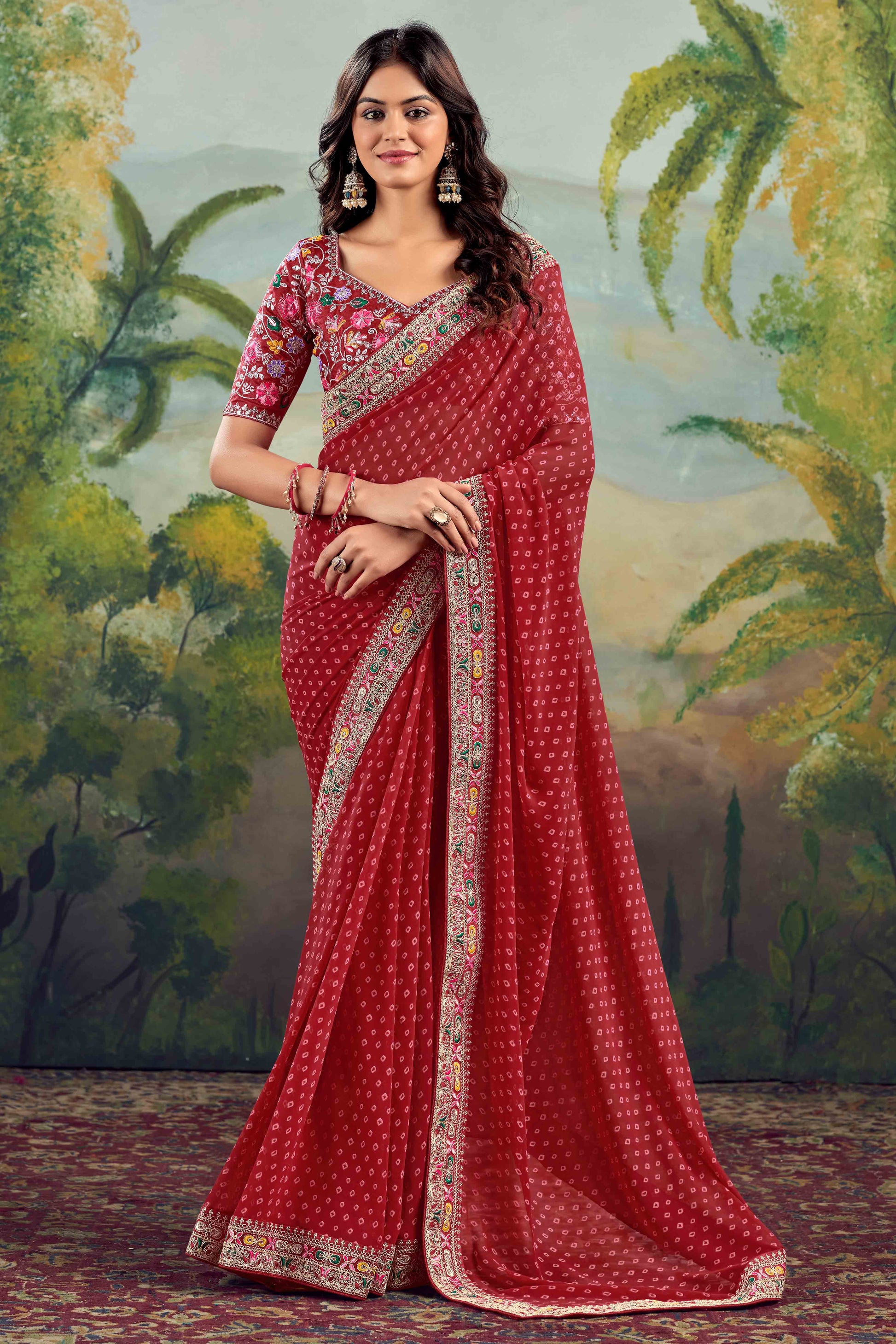 Maroon Bandhani Printed Georgette Saree With Embroidered Border