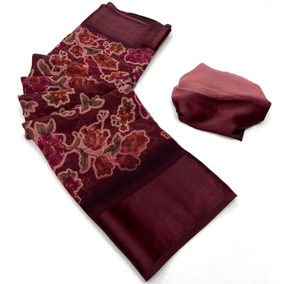 Maroon Floral Foil Printed Cotton Silk Saree