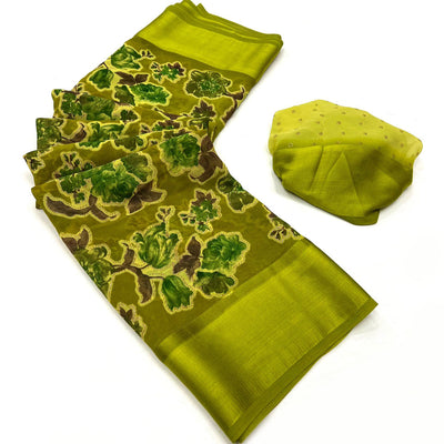 Lime Green Floral Foil Printed Cotton Silk Saree