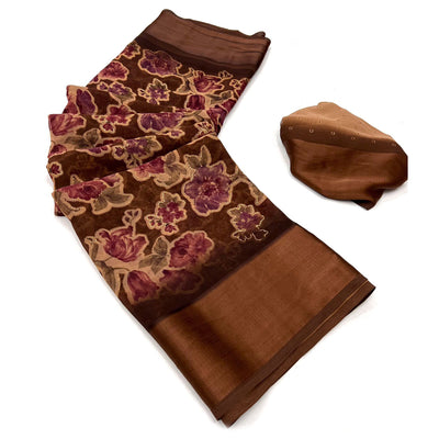 Brown Floral Foil Printed Cotton Silk Saree