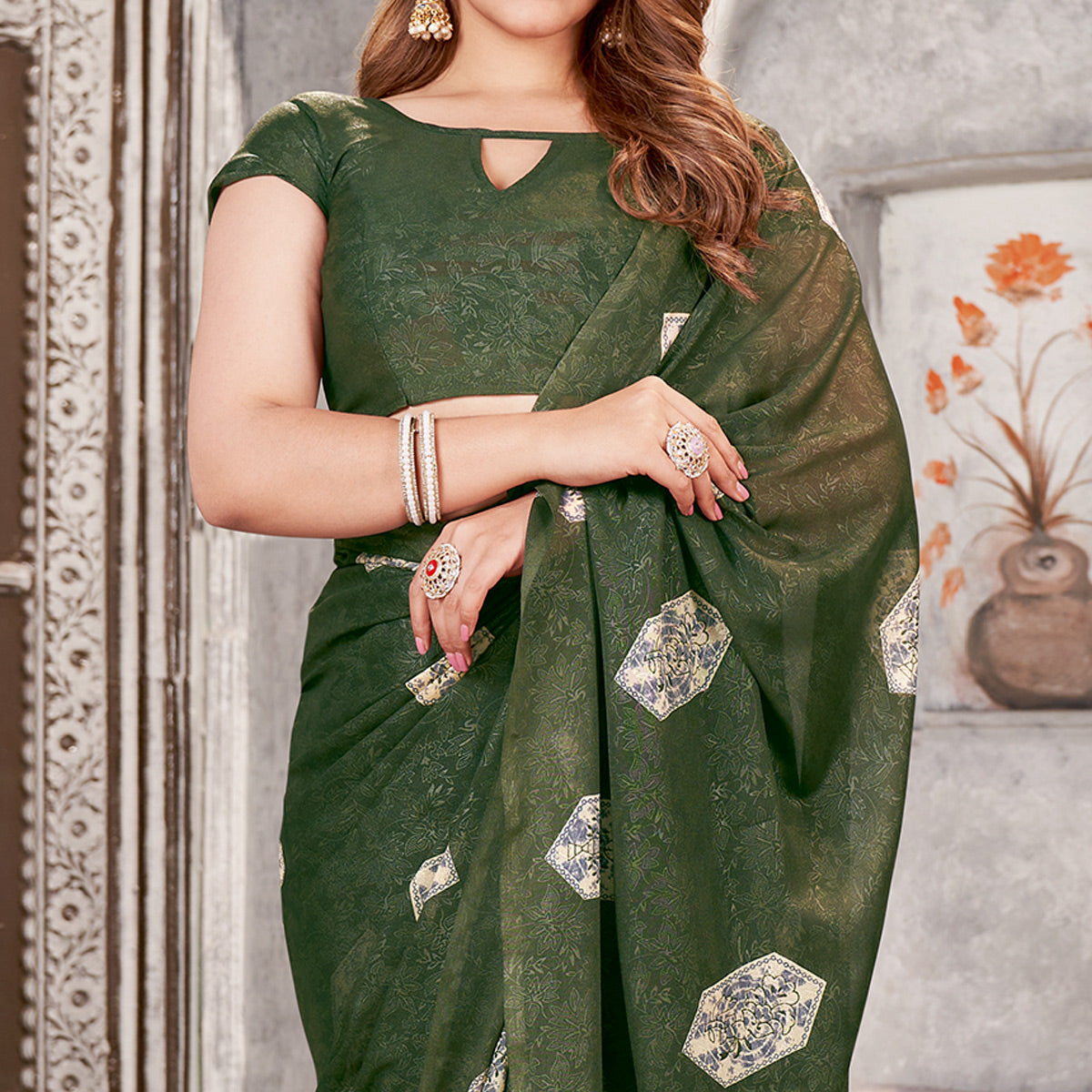 green-floral-printed-chiffon-saree-9