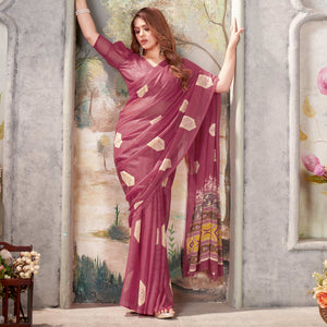 Mauve Floral Printed Chiffon Saree