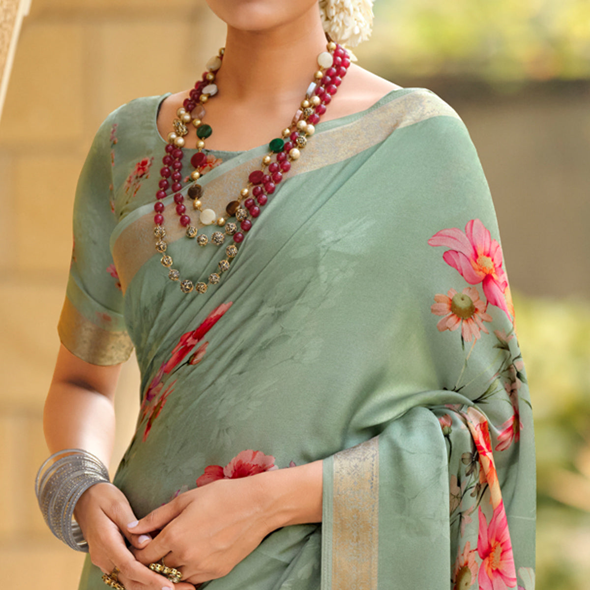 Dusty Green Floral Digital Printed Viscose Saree With Zari Border