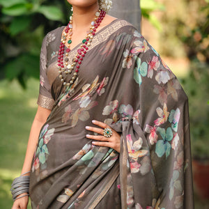 Brown Floral Digital Printed Viscose Saree With Zari Border