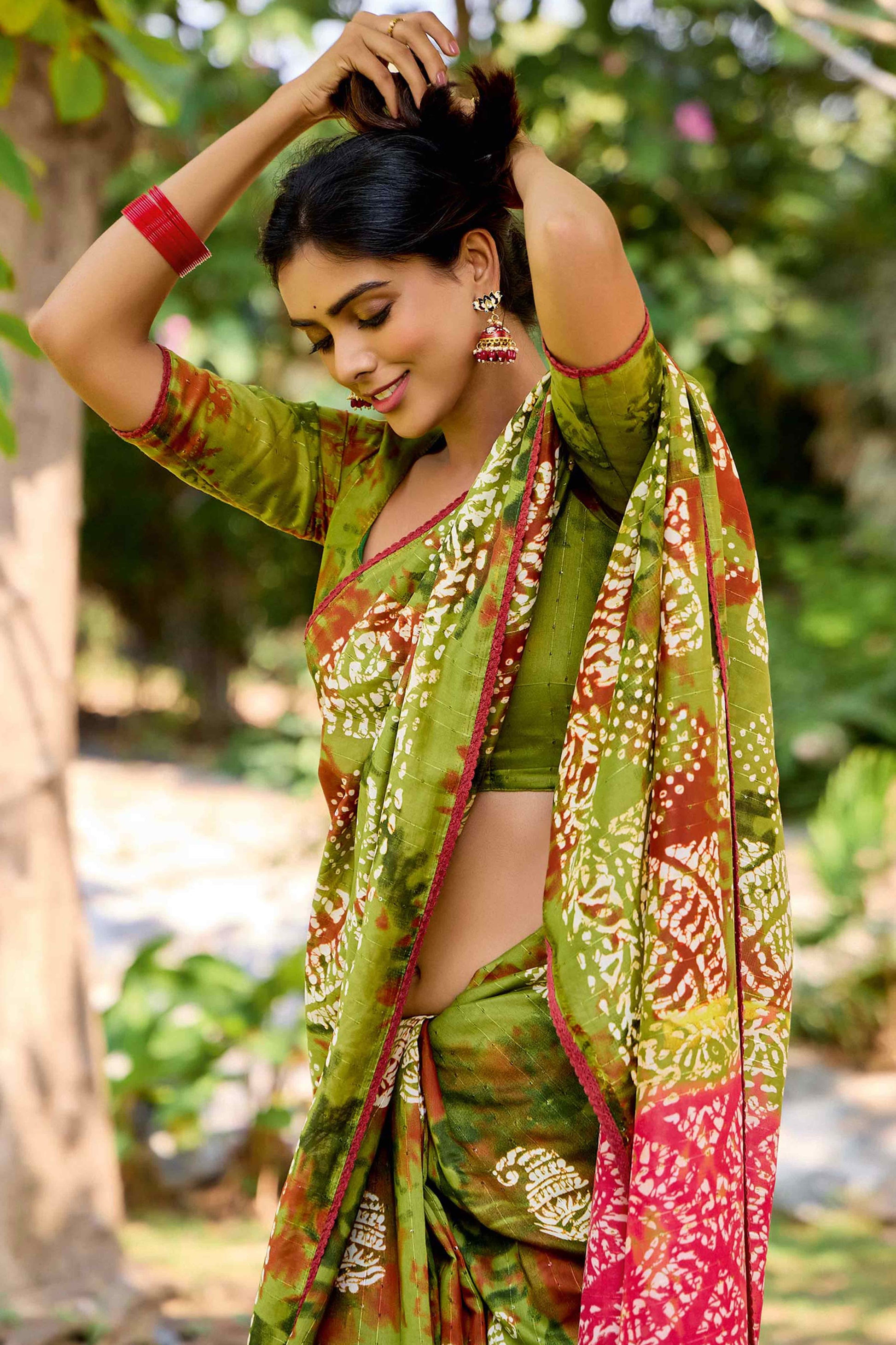 green-batik-printed-cotton-silk-saree