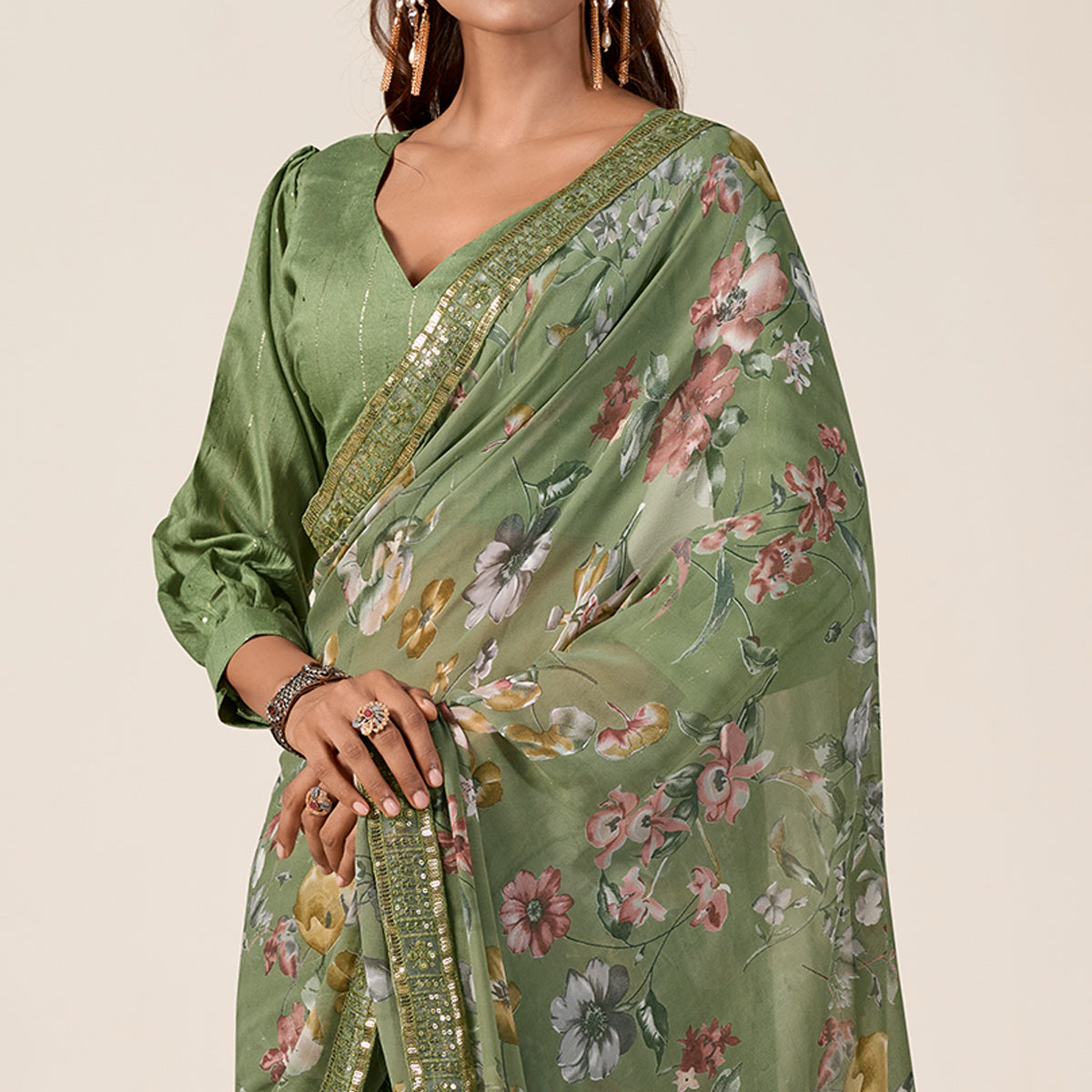 Dusty Green Floral Printed Chiffon Saree With Designer Border