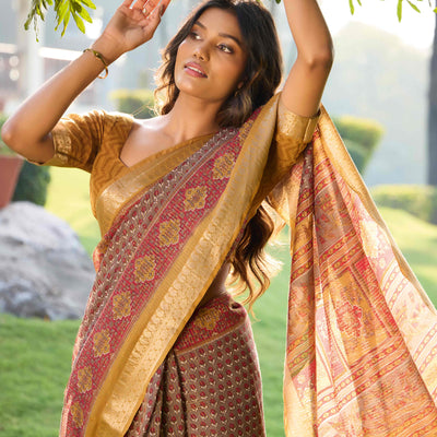 Brown Printed Mulmul Cotton Saree With Jacquard Border