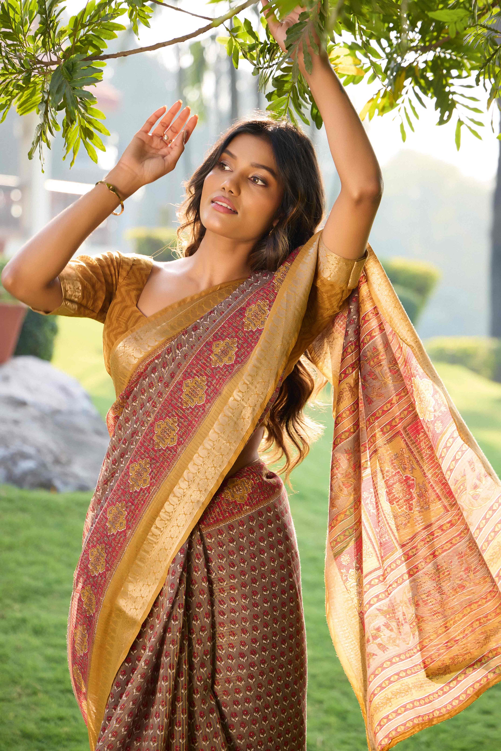 Brown Printed Mulmul Cotton Saree With Jacquard Border