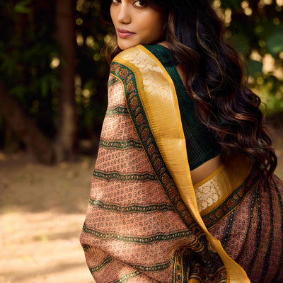 Brown Printed Mulmul Cotton Saree With Jacquard Border