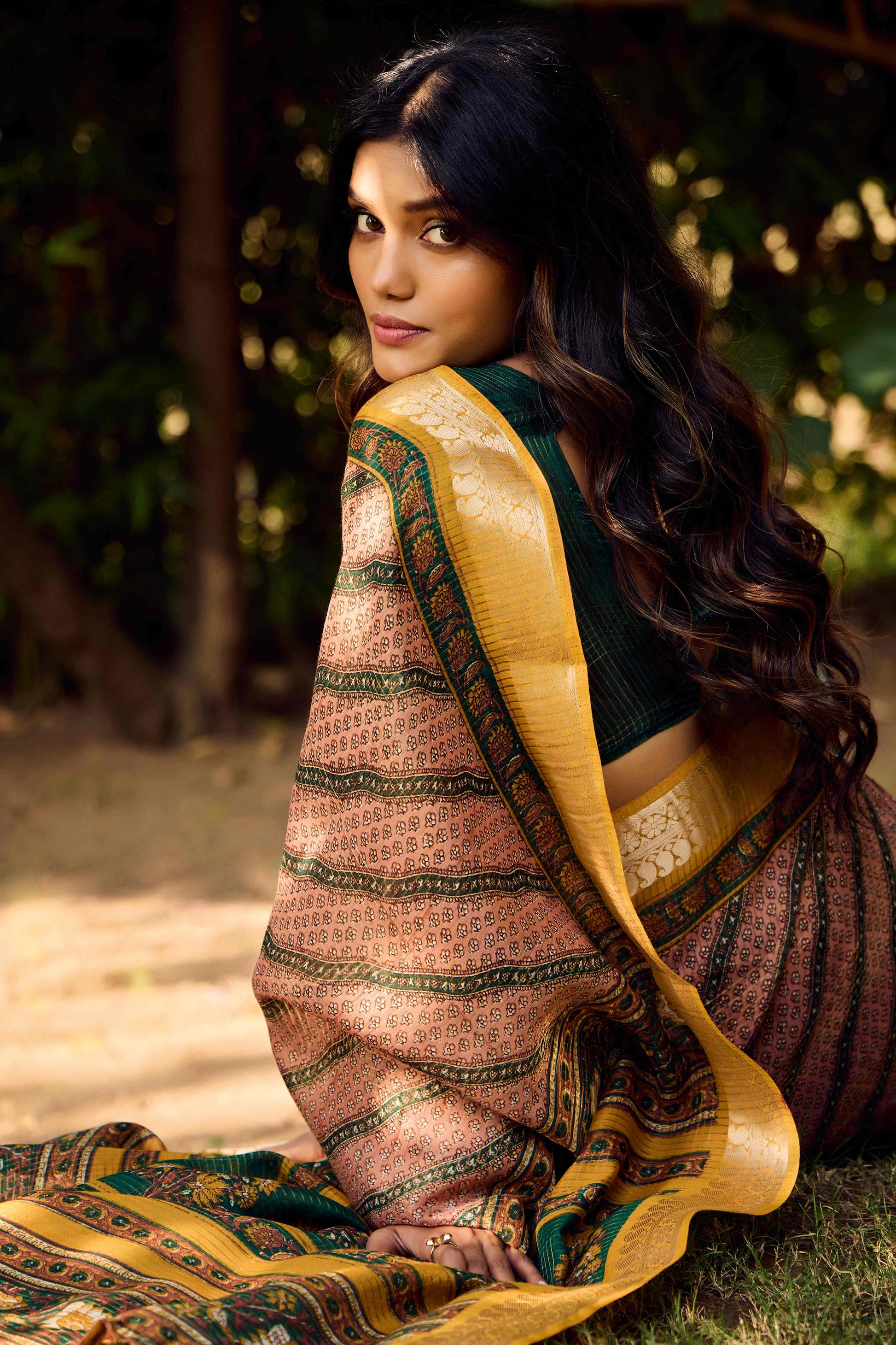Brown Printed Mulmul Cotton Saree With Jacquard Border
