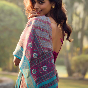 Grey Printed Mulmul Cotton Saree With Jacquard Border